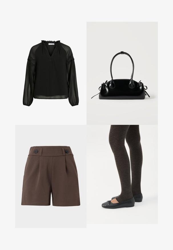 Zwarte blouse met een V-hals, ruches bij de halslijn, doorzichtige lange mouwen en kanten accenten op de schouders. Lichtgewicht, vloeiend materiaal.; Bruine shorts gemaakt van een stoffen met structuur, met een hoge taille, plooien en twee zwarte knopen aan de voorkant. Tailored ontwerp met zijzakken.; Benen met donkere geribbelde leggings gecombineerd met zwarte ballerina's met kleine strikdetails op een witte achtergrond.; Kleine zwarte glanzende handtas met twee lange hengsels en zijkant trekkoord details op een effen lichte achtergrond.