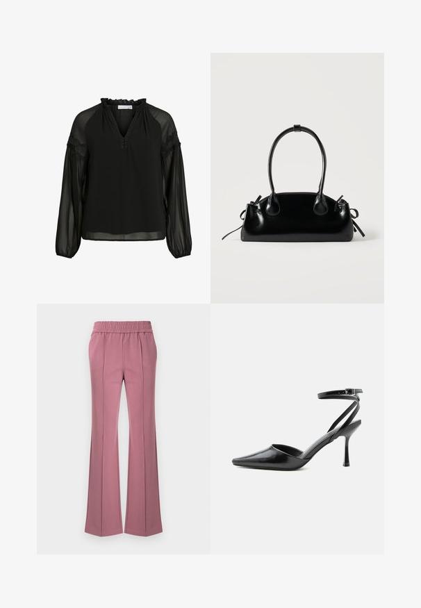 Zwarte blouse met een V-hals, ruches bij de halslijn, doorzichtige lange mouwen en kanten accenten op de schouders. Lichtgewicht, vloeiend materiaal.; Uitlopende broek in een stofroze kleur, gemaakt van zachte stof. Voorzien van een elastische tailleband en subtiele plooien aan de voorkant.; Zwarte pumps met puntige neus, dunne enkelbandjes en een zilveren gesp op een effen lichte achtergrond.; Kleine zwarte glanzende handtas met twee lange hengsels en zijkant trekkoord details op een effen lichte achtergrond.