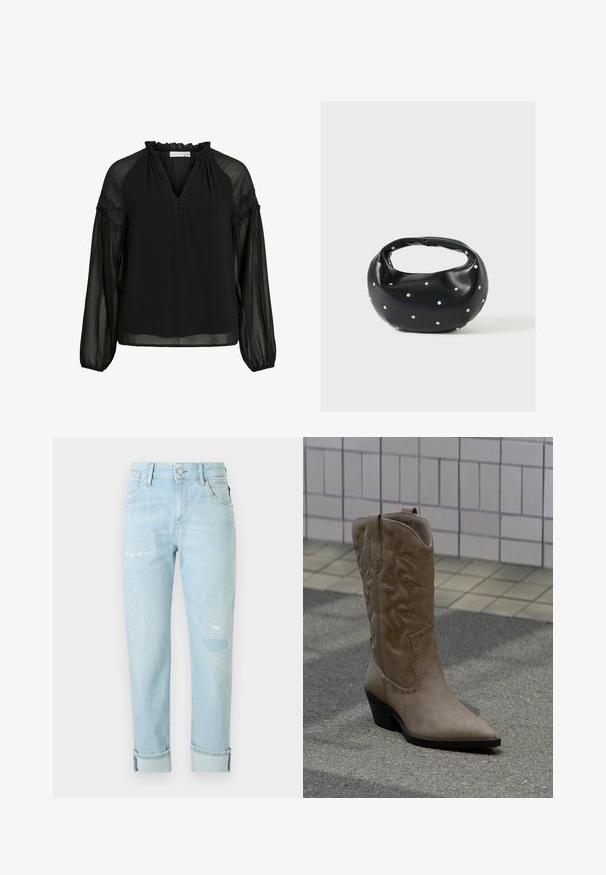 Zwarte blouse met een V-hals, ruches bij de halslijn, doorzichtige lange mouwen en kanten accenten op de schouders. Lichtgewicht, vloeiend materiaal.; Lichtblauwe denim jeans met een relaxte pasvorm, voorzien van verwerkte details, een opgerolde zoom en riemlussen.; Lage beige suède cowboylaars met decoratieve stiksels en studs, voorzien van een puntige neus en een schuin lopende zwarte hak, staand op een betonnen ondergrond.; Zwarte leren handtas met een afgeronde vorm, versierd met zilveren studs, en een korte handgreep. Gladde textuur en ritsluiting.