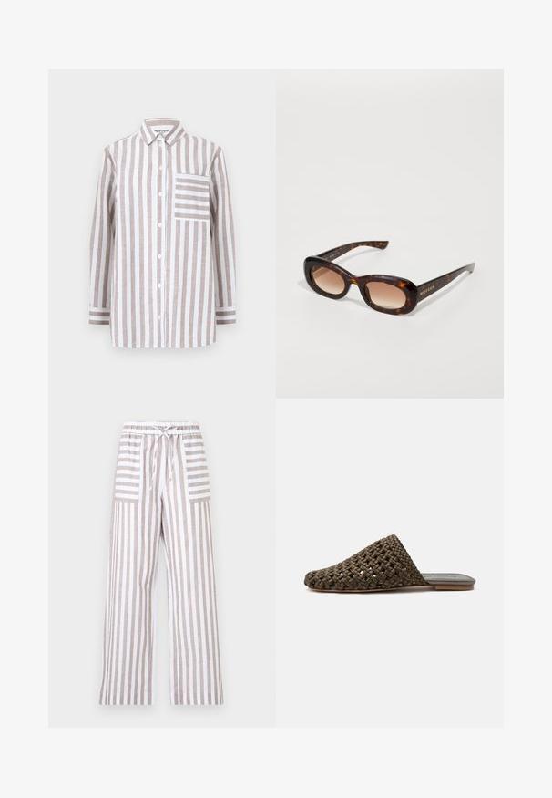 Camisa de manga larga con botones, con rayas verticales beige y blancas, con un bolsillo en el pecho con rayas horizontales y cuello clásico.; Pantalones de pierna ancha con rayas verticales beige y blancas, cintura elástica, cordón ajustable y dos bolsillos delanteros parcheados con rayas horizontales.; Mule marrón tejido tipo slip-on con suela plana y puntera cerrada y redondeada sobre fondo blanco.; Gafas de sol de carey con un marco grande y suave. Lentes degradadas y acento dorado del logo en las patillas. Brazos curvados.