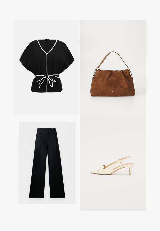 Blouse noire à manches courtes avec bordure blanche, col en V et fermeture par nœud à la taille.; Pantalon noir à jambes larges, taille haute, fermeture boutonnée à l’avant, avec passants de ceinture, présenté sur fond blanc.; Talons beiges à bride arrière avec un léger bout pointu et trois brides horizontales sur le devant. Dispose d'un talon de taille intermédiaire et d'une texture lisse.; Sac à main en daim marron avec un design plissé, arborant une seule sangle en cuir beige et un discret logo doré à l'avant.