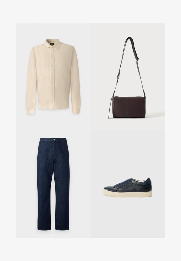 Chemise beige à manches longues avec boutons, motif texturé, col plié et poignets côtelés, présentée sur un fond uni.; Jean bleu marine à jambes droites avec passants pour ceinture, bouton sur le devant et fermeture éclair sur un fond clair uni.; Baskets en cuir bleu marine avec semelle en caoutchouc crème, dotées de lacets bleus et d'une texture lisse. Bout arrondi et design minimaliste.; Sac bandoulière en cuir marron foncé texturé avec une sangle réglable et un petit accent décoratif bleu sur le côté.