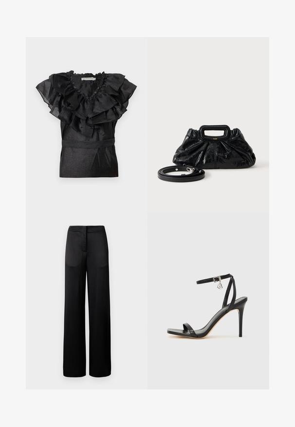 Blouse noire avec un col et des manches à volants, dotée d'une taille cintrée. Fabriquée dans un matériau brillant avec une finition texturée.; Pantalons noirs à jambes larges avec une surface texturée, dotés d'une taille plate et de deux poches latérales. Le tissu semble léger et fluide.; Sandale à talon haut noire avec une bride étroite à la cheville, bout carré, cuir lisse et accent de boucle métallique.; Petit sac à main en cuir noir avec texture froncée, poignée rectangulaire et fine bandoulière amovible placée à côté.