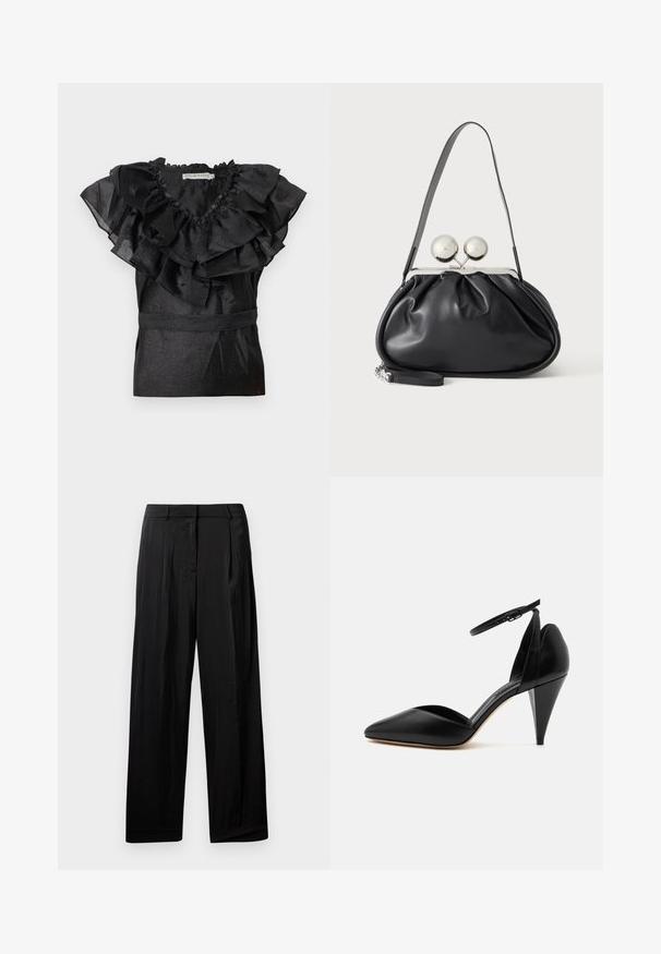 Blouse noire avec un col et des manches à volants, dotée d'une taille cintrée. Fabriquée dans un matériau brillant avec une finition texturée.; Pantalon large noir en tissu lisse, avec des plis avant, des passants de ceinture et une fermeture éclair.; Escarpin en cuir noir à bout pointu avec bride à la cheville et talon conique sur fond blanc.; Sac à main en cuir noir avec un design plissé, une sangle unique, un cadre métallique argenté et deux grandes fermoirs ronds en argent.