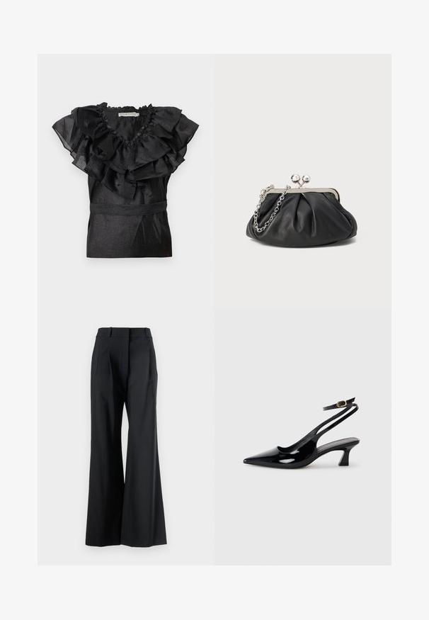 Blouse noire avec un col et des manches à volants, dotée d'une taille cintrée. Fabriquée dans un matériau brillant avec une finition texturée.; Veronica Beard OLLIE PANT - Pantalon classique - black; Escarpins à brides arrière en cuir verni noir, à bout pointu, avec un petit talon carré et une sangle de cheville ajustable dotée d'une boucle dorée.; Porte-monnaie en cuir noir avec texture froncée, cadre en métal argenté, fermeture à verrouillage kiss-lock et bandoulière en chaîne. Surface lisse et douce.