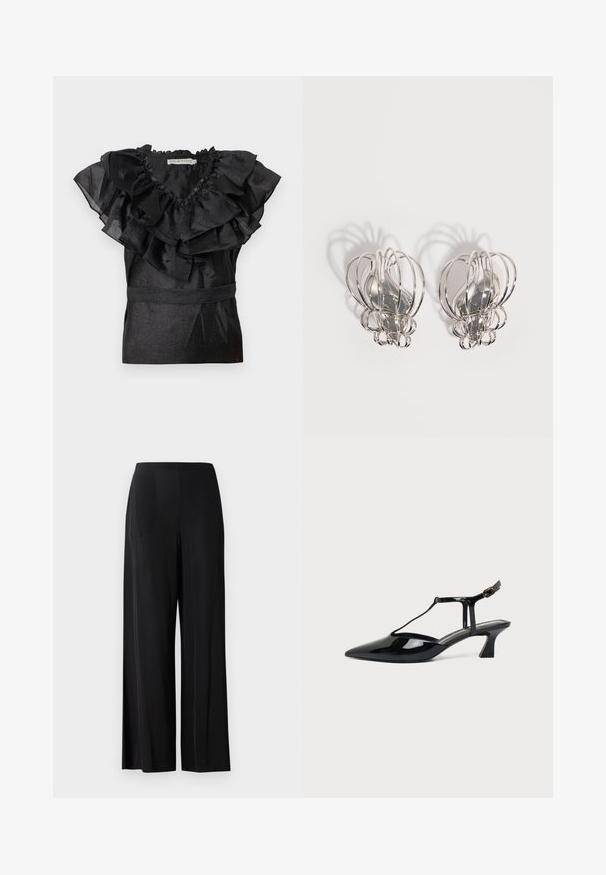 Blouse noire avec un col et des manches à volants, dotée d'une taille cintrée. Fabriquée dans un matériau brillant avec une finition texturée.; Pantalons larges noirs en tissu lisse, avec une taille haute et sans poches ni éléments métalliques visibles. Design longueur sol.; Chaussure slingback en cuir verni noir à bout pointu avec bride en T et petit talon bloc incliné sur fond blanc.; Paire de boucles d'oreilles en métal argenté avec un design en cage à fil ouvert et des formes ovales centrales lisses projetant des ombres courbes sur un fond blanc.