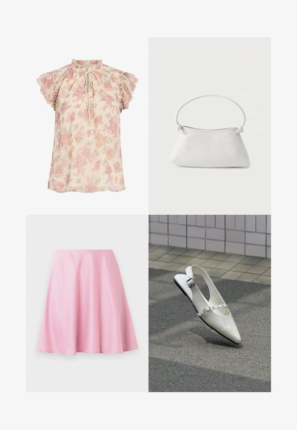 Blouse fleurie crème avec des fleurs roses et orange, manches courtes à volants et un lien à nouer au niveau de l'encolure.; Jupe rose longueur genou en ligne A avec un tissu lisse et de légères plis, présentée sur un fond blanc uni.; Chaussure plate slingback blanche pointue avec deux boucles argentées, présentée en extérieur sur un sol texturé et un mur carrelé en arrière-plan.; Sac à main en cuir tressé blanc avec poignée arrondie et extrémités de lanière nouées, présenté sur un fond uni.