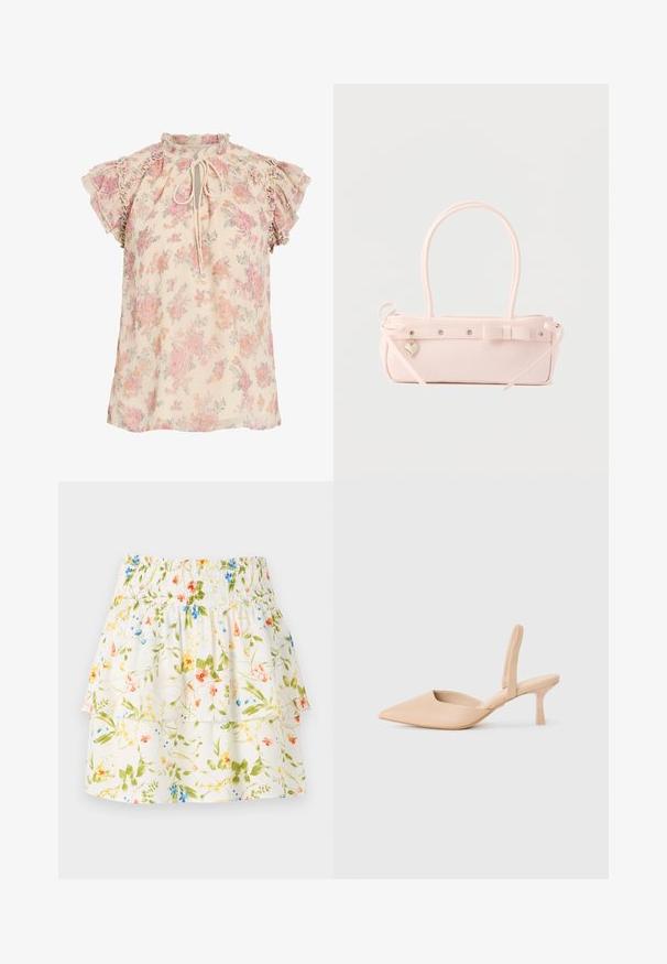 Blouse fleurie crème avec des fleurs roses et orange, manches courtes à volants et un lien à nouer au niveau de l'encolure.; Jupe à motifs floraux avec une taille smockée, des couches volantes et un fond blanc ornée de fleurs vertes, rouges et bleues.; Chausson slingback beige à bout pointu avec un petit talon carré. Matériau synthétique lisse, côtés ouverts et détails de design minimalistes.; Sac à main rectangulaire rose pâle avec double poignée, nœud décoratif, œillets métalliques et petit charm en forme de cœur sur un fond uni.