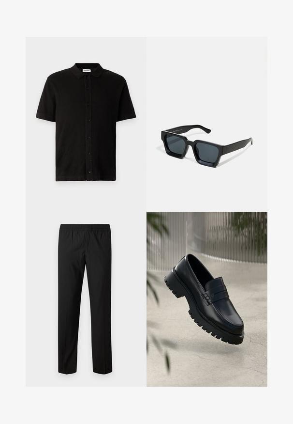 Sort kortærmet poloshirt lavet af tekstureret stof med en knaplukning foran og en klassisk krave. Har en lige søm.; Sorte bukser med lige ben og elastisk taljebånd, ingen synlige lommer eller pynt.; Sorte læder loafers med en chunky sål, der har en dekorativ rem og syninger. Glat tekstur med en poleret overflade.; Sorte rektangulære solbriller med mørke linser. Tyk, glat plastikramme med let blank finish og lige stænger.