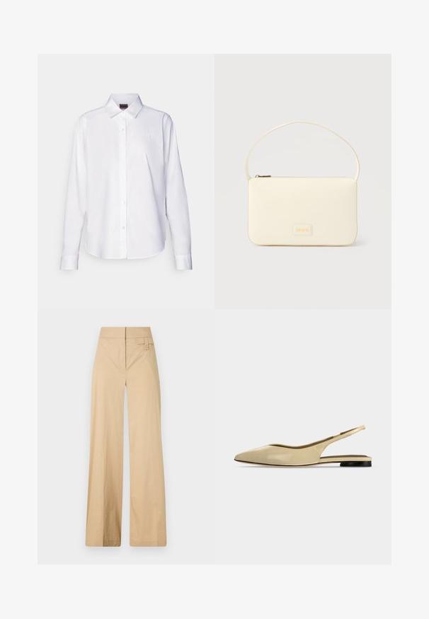 Chemise blanche à manches longues, boutonnée, fabriquée en coton. Comprend un col classique et une broderie de marque discrète sur la poitrine. Texture lisse.; Pantalons larges beige en coton mélangé. Caractéristiques : texture lisse, taille élastique et détail à bouton sur le côté.; Chaussure plate beige à bout pointu avec bride arrière, petit talon noir et finition en cuir lisse, vue de côté sur un fond uni.; Sac à main rectangulaire de couleur crème avec une seule sangle et une fermeture éclair sur le dessus, comportant une petite plaque de logo embossé à l'avant.