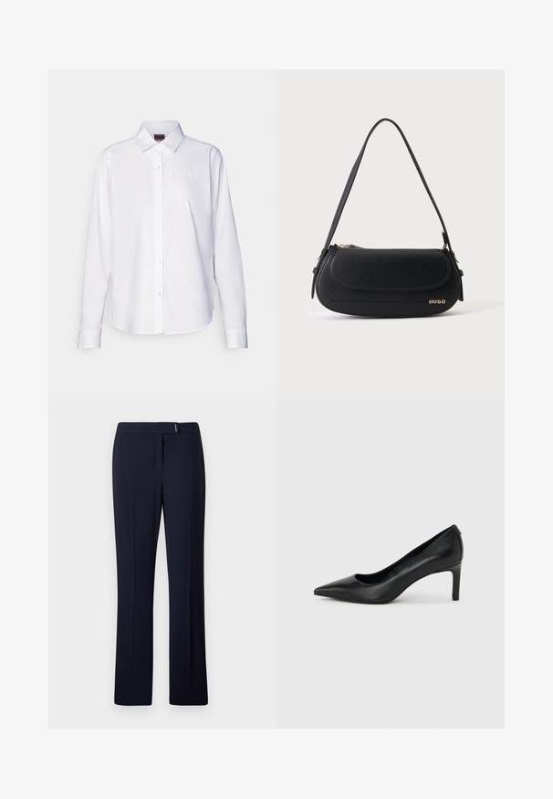 Chemise blanche à manches longues, boutonnée, fabriquée en coton. Comprend un col classique et une broderie de marque discrète sur la poitrine. Texture lisse.; Pantalons ajustés bleu marine en tissu lisse, présentant un devant plat, des jambes droites et une subtile touche argentée à la taille.; Escarpin à bout pointu en cuir noir avec un talon fin de hauteur moyenne sur un fond gris clair uni.; Sac à épaule en cuir noir avec rabat incurvé, logo doré "HUGO" sur le devant, et une bandoulière réglable.
