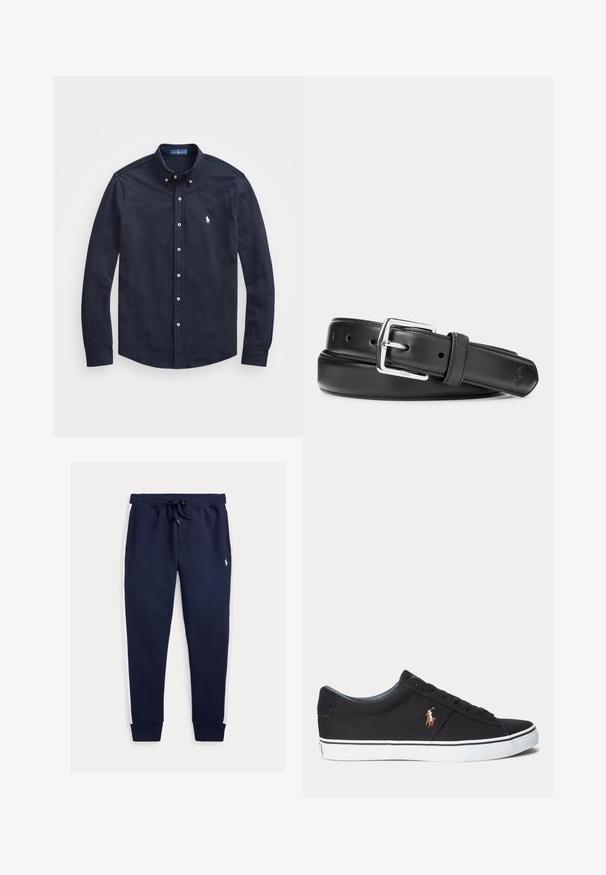 Marineblaues Langarmhemd mit Knopfleiste und Kragen, mit vorderer Knopfleiste und kleinem weißen Logo auf der linken Brust, aus weichem Baumwollstoff gefertigt.; Marineblaue Jogginghosen mit weißen Seitenpanelen, elastischem Bund mit Kordelzug, gerippten Bündchen und einem kleinen bestickten Logo am oberen Bein.; Schwarzer Sneaker mit niedrigem Schaft, weißer Sohle und gesticktem Polospieler-Logo an der Seite, mit Schnürverschluss und strukturiertem Stoff-Obermaterial.; Schwarzer Ledergürtel mit silberner rechteckiger Schnalle, aufgerollt auf weißem Hintergrund, mit dezent geprägt Logo an der Spitze.