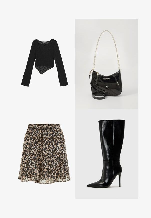 Sort blonde med lange ærmer og en cropped front, der har et tekstureret blomster mønster og en asymmetrisk kant.; Sort nederdel med beige og lysegrå uregelmæssige pletter, elastisk talje og en flydende, let udvidet kant.; Sorte læderknælange støvler med spids tå og høj stilettohæl. Glat tekstur og slank design, med minimalt detaljer.; Sort patentlæder crossbody taske med en buet form, sølv kædestrop, hardware i guld-tone og justerbar skulderstrop.