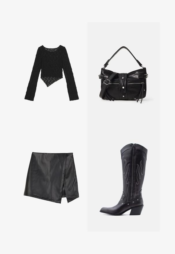 Sort blonde med lange ærmer og en cropped front, der har et tekstureret blomster mønster og en asymmetrisk kant.; Even&Odd Mini skirts - black; Sorte cowboystøvler i læder med spids tå, synlige sømme, sølvfarvede nitte-detaljer og lynlås på den indvendige side.; Even&Odd H24462 - Håndtasker - black
