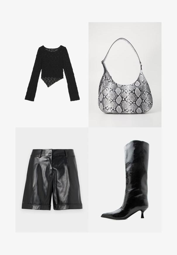 Sort blonde med lange ærmer og en cropped front, der har et tekstureret blomster mønster og en asymmetrisk kant.; Sorte lædershorts med en blank finish, frontplisseringer og en rullet kant. Slank design med en skræddersyet talje og minimal hardware.; Sort skinnende knæhøj læderstøvle med spids tå og lav buet hæl på en ensfarvet lys baggrund.; Sort-hvid slangemønster skuldertaske med en rund form, glat tekstur og en buet rem. Har et sølvfarvet hardware-accents.