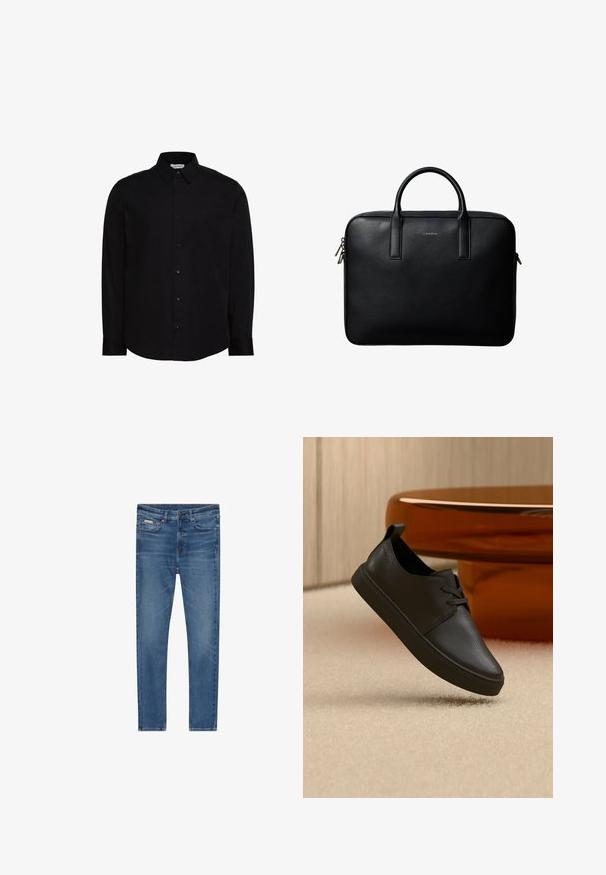 Sort langærmet skjorte med knapper, lavet af glat stof. Har en klassisk krave, frontknaplukning og et lille logo på brystet.; Blå denim jeans med en tætsiddende pasform, fem lommer, knap lukning og subtil falmning på lårene og knæene.; Sort lædersneaker til hverdag med snørebånd, svævende over beige tæppe med et rundt bord af ravfarvet glas i baggrunden.; Sort tekstureret lædermappe med dobbelte håndtag og sølv lynlås, centreret på hvid baggrund.