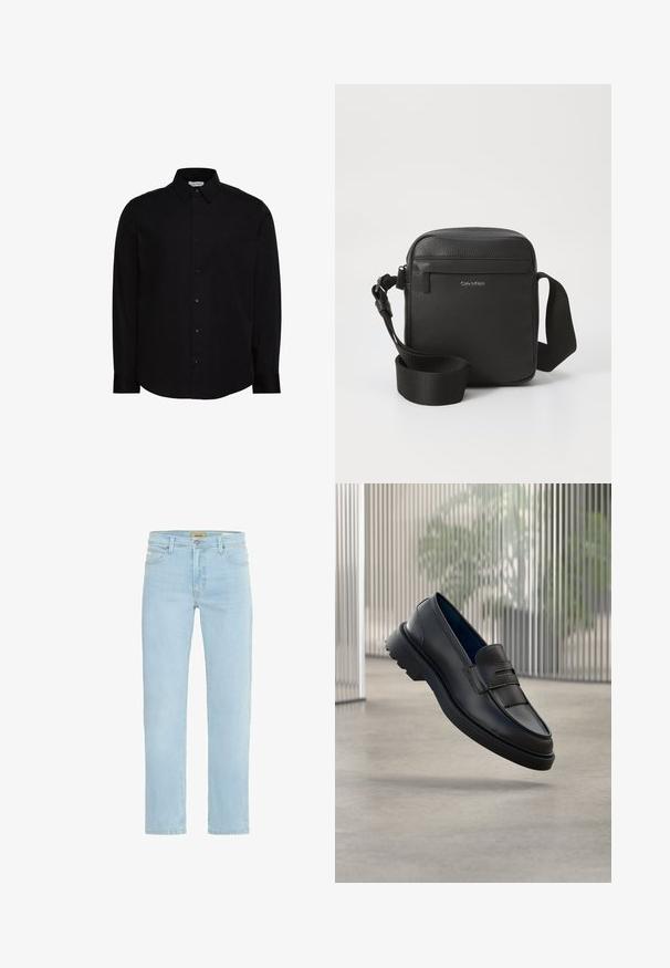 Must pikkade varrukatega nööpidega särk, valmistatud siledast kangast. Omadused: klassikaline krae, esiosa plastron ja väike logo rinnal.; Heled sinise denimi teksased, sirge lõikega, standardse viie taskuga disainiga ning metallist nööbi sulgemisega lukuaugu. ; Mustad nahast mokassiinid, sileda viimistlusega, kaunistava rihma ja esiküljel tekstureeritud paneeliga ning tekstureeritud kummist tallaga.; Mustast nahast õlgkott tekstuuriga viimistlusega, millel on ees zipp-tasku ja reguleeritav kangasrihm. Brändi logo on nähtav.