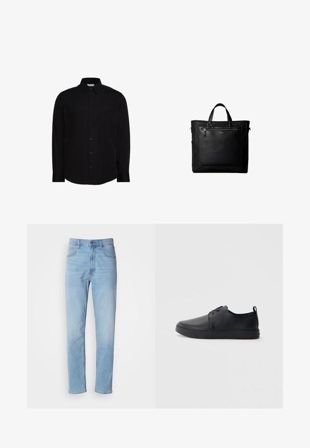 Camisa negra de manga larga con botones, confeccionada en una tela suave. Cuenta con un cuello clásico, tapeta frontal y un pequeño logo en el pecho.; Jeans de mezclilla azul claro con un corte recto, cinco bolsillos y trabillas para cinturón. La tela presenta una textura suave con un ligero efecto de desvanecimiento.; Zapatilla negra de cuero con acabado suave, punta redondeada, costuras a tono, cordones en la parte delantera y suela de goma plana. Asa en el talón.; Bolsa tote negra con asas dobles, gran bolsillo delantero de cuero con cremallera y sutil logo de Calvin Klein en el centro del bolsillo.