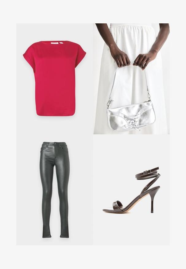 Haut rouge à manches courtes en tissu lisse, avec un col rond et des manches retroussées. Design simple avec une coupe décontractée et un ourlet droit.; Leggings noirs brillants taille haute, coupe ajustée. Ils comportent une fermeture par bouton, cinq poches, et une texture lisse et réfléchissante.; Sandale à talon haut en cuir verni marron foncé avec une fine bride autour de la cheville et un bout ouvert sur fond blanc.; Sac à main en métal argenté avec un détail à lacets, arborant un design épuré et une courte sangle. Le sac est tenu dans les mains, mettant en valeur sa texture.