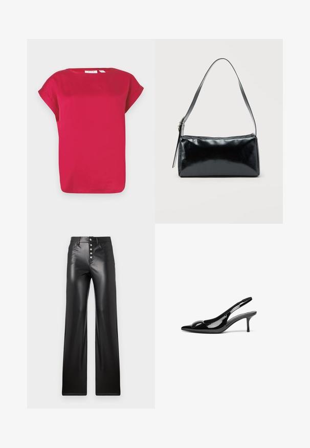 Rød kortærmet top lavet af glat stof, med rund hals og opfoldede ærmer. Simple design med en afslappet pasform og lige kant.; ONLY ONLSMOOTH - Bukser - black; Sorte laklæder slingback hæle med spidse tæer og en blank finish. Har en slank hæl og en rund detalje ved vampen.; Sort rektangulær skuldertaske med en enkelt justerbar rem og lynlås i toppen på en ensfarvet baggrund.
