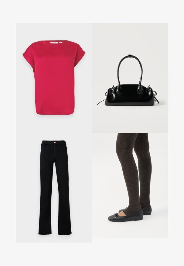 Haut rouge à manches courtes en tissu lisse, avec un col rond et des manches retroussées. Design simple avec une coupe décontractée et un ourlet droit.; Jean droit noir taille haute avec poches avant plaquées et fermeture à bouton en cuivre sur un fond neutre.; Jambes portant des leggings côtelés foncés associés à des ballerines noires avec de petits détails en nœud sur fond blanc.; Petit sac à main noir brillant avec deux longues anses et des détails à cordon sur les côtés sur un fond clair uni.