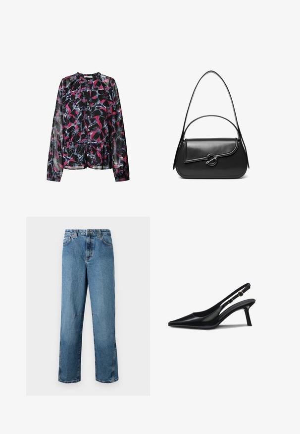 Sort bluse med blomsterprint i pink, blå og hvid. Har lange ærmer, knaplukning foran og et samlet talje for en løs pasform.; Lyseblå denimjeans med lige pasform, udstyret med stiklommer, en frontknaplukning og minimal falmning på stoffet.; Sorte slingback-hæle i laklæder med spids tå, slank hæl og justerbar rem med cirkulær detalje. Glat og skinnende finish.; Sort skuldertaske i læder med en buet klap, der er fastgjort med en rund metal spænde, og en slank, justerbar rem.