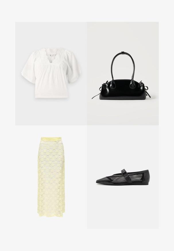 Blouse blanche avec de courtes manches bouffantes, tissu texturé, encolure scallopée et détails brodés le long du col. Coupe décontractée.; Jupe maxi en dentelle jaune avec un motif ondulé, dotée d'une taille lisse et d'une texture douce et transparente. Conçue pour une silhouette fluide.; Chaussure plate noire avec un bout pointu, panneaux latéraux en maille et une sangle avec une boucle décorative. Fini lisse sur les sections du bout et du talon.; Petit sac à main noir brillant avec deux longues anses et des détails à cordon sur les côtés sur un fond clair uni.