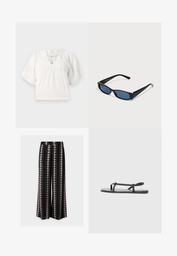 Blouse blanche avec de courtes manches bouffantes, tissu texturé, encolure scallopée et détails brodés le long du col. Coupe décontractée.; Pantalon noir à jambes larges avec des rayures florales verticales roses et blanches et de petites lignes pointillées jaunes alternant dans le motif.; Sandales plates noires avec des sangles fines et texturées, au design minimaliste. La semelle est lisse et la forme globale est élégante et discrète.; Lunettes de soleil noires avec une monture rectangulaire élégante et des verres bleus. Présente une texture lisse et des branches robustes. Logo de la marque sur le côté.