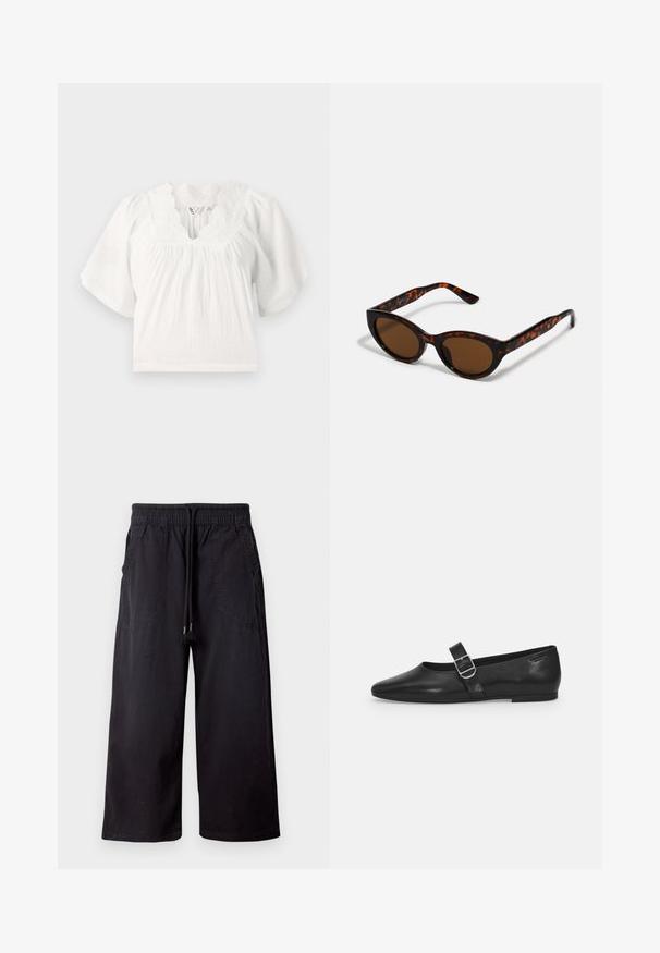 Blouse blanche avec de courtes manches bouffantes, tissu texturé, encolure scallopée et détails brodés le long du col. Coupe décontractée.; Pantalon noir à jambes larges avec taille élastique et cordon, avec poches plaquées sur le devant, présenté sur un fond clair uni.; Chaussure plate en cuir noir avec un bout arrondi, une seule sangle réglable à boucle et une texture lisse et brillante. Design minimaliste avec un petit talon.; Lunettes de soleil en écaille de tortue marron avec une forme vintage de lunettes cat-eye et des verres marron. Présente des branches courbées avec des accents rouges.