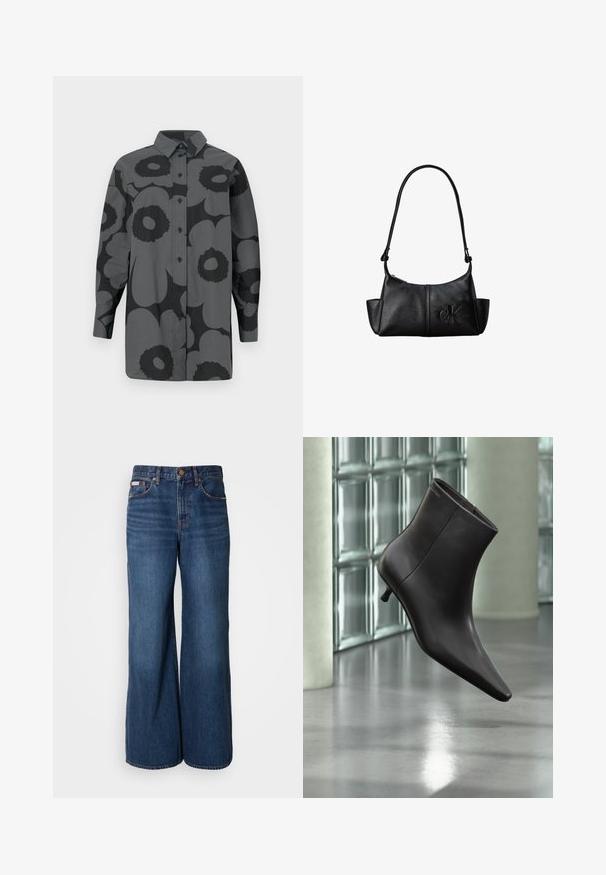 Knapp-up skjorte i gråt stof med store sorte blomstermønstre. Inkluderer krave og lange ærmer med knapmanchetter.; Bredde jeans lavet af mørkeblåt denim. Funktioner inkluderer en høj talje, fem lommer og kontrasterende orange syninger langs sømmene.; Sort læderankelstøvle med spids tå og lille hæl vist mod en væg af glasblokke og poleret gulv baggrund.; Sort læder skuldertaske med lang rem, sidelommer og præget Calvin Klein-logo på fronten.