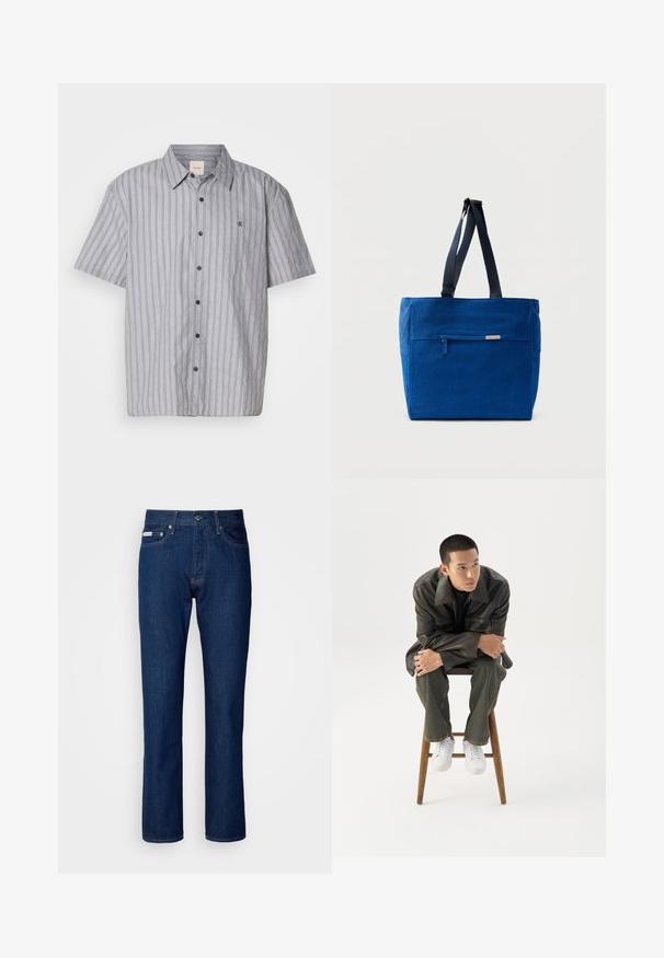 Kurzarmpolo, knöpfbares Hemd aus leichtem Stoff mit blauen und weißen Längsstreifen. Verfügt über einen klassischen Kragen und eine Brusttasche.; Dunkelblaue Jeans aus Denim mit geradem Bein Design, mit einem Reißverschluss und Knopfverschluss, fünf Taschen und dezenten Nähten.; Junger Mann in dunkler Lederjacke und Jeans sitzt auf einem Holzstuhl, lehnt sich mit verschränkten Armen nach vorne und schaut seitlich vor weißem Hintergrund.; Blaue Canvas-Einkaufstasche mit einer vorderen Reißverschlusstasche, doppelten Schulterriemen und rechteckiger Form. Verfügt über ein dezentes Markenlabel.
