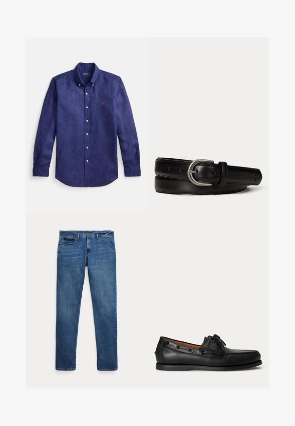 Marineblå linned med lange ærmer, skjorte med knappet krave, frontstykke og lille rødt broderet logo på venstre bryst.; Blå denimjeans med slim fit, der har forlommer, bæltestropper og lukning med knap på hvid baggrund.; Sort lædermoccasin med snøredetalje og lav gummisål, vist fra siden på ensartet lys baggrund.; Sort læderbælte med sølv oval spænde, syede kanter og præget lille logo nær den spidse ende, hvilende sammenrullet på en hvid baggrund.