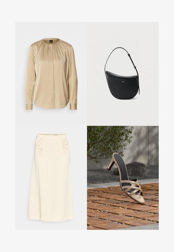 Langsleeve shirt in beige satijn, met een ronde halslijn, plooien aan de voorkant en knoopmanchetten. Glad textuur met een relaxte pasvorm.; Crèmekleurige midi-rok met geplooide details bij de taille en een gladde, strakke textuur. Voorzien van een zijrits voor sluiting.; Beige sandaal met hoge hak en gekruiste bandjes die zweeft boven een houten tegelvloer, met groen en een grijze muur op de achtergrond.; Zwarte halfmaansvormige leren schoudertas met verstelbare riem en goudkleurig "BOSS"-logo middenvoor.