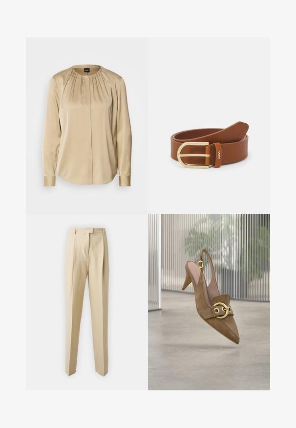 Langsleeve shirt in beige satijn, met een ronde halslijn, plooien aan de voorkant en knoopmanchetten. Glad textuur met een relaxte pasvorm.; Beige op maat gemaakte broeken met een rechte snit, voorzien van plooien, een tailleband en een soepele textuur. Geen zichtbare zakken of versieringen.; Bruine suède slingback hoge hak schoen met gouden gespsdetail, puntige neus en middenhoge stilettohak tegen een wazige achtergrond.; Bruine leren riem met een gouden dubbele gesp, voorzien van een gladde textuur en gestikte randen; logo is op de keeper gedrukt.