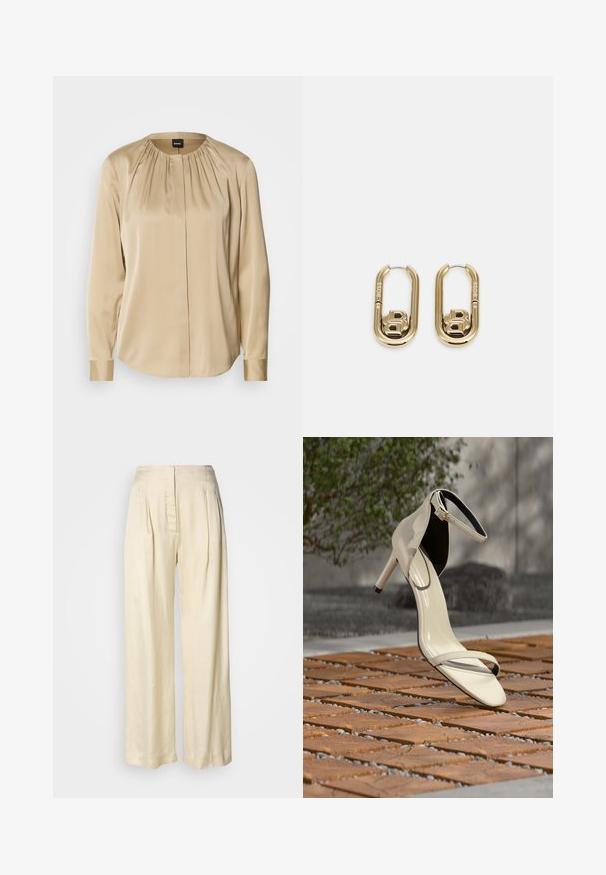 Langsleeve shirt in beige satijn, met een ronde halslijn, plooien aan de voorkant en knoopmanchetten. Glad textuur met een relaxte pasvorm.; Crèmekleurige zijden broek met hoge taille, plooien, brede pijpen en een verborgen rits aan de voorkant, afgebeeld tegen een effen witte achtergrond.; Beige sandaal met hoge hak en enkelriem, geplaatst op houten latten buiten, met vervaagde groene planten en betonnen achtergrond.; BOSS DOUBLE B SWING - Oorbellen - gold-coloured