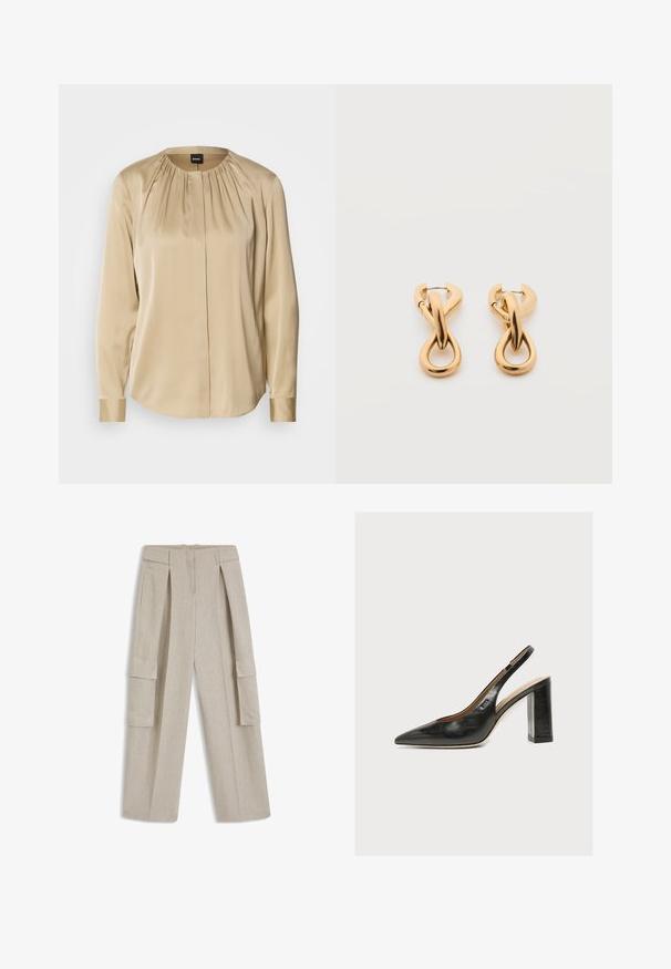 Langærmet skjorte i beige satin med rund halsudskæring, plisseringer foran og knap på ærmerne. Glat tekstur med en afslappet pasform.; Beige bukser med vidt ben, for-pressed detaljer, høj talje og store sidelommer, lavet af et tekstureret stof.; Sort dameslingback pumpe i læder med spids tå og tyk høj blokhæl på hvid baggrund.; Par af skinnende guldfarvede hoop-øreringe med snoet, flettet design på en enkel hvid baggrund.