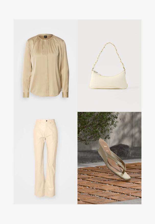 Langsleeve shirt in beige satijn, met een ronde halslijn, plooien aan de voorkant en knoopmanchetten. Glad textuur met een relaxte pasvorm.; Beige faux leren flarebroeken met een soepele textuur, voorzien van voorzakken, een knoopsluiting en een subtiele glansafwerking.; Beige leren teenslipper met BOSS-logo op de binnenzool, zwevend boven een houten terras met kleine grindsteentjes ertussen.; Kleine handtas in crèmekleur met een gebogen vorm en gevlochten kettinghengsel in goudkleur, ritssluiting aan de bovenkant