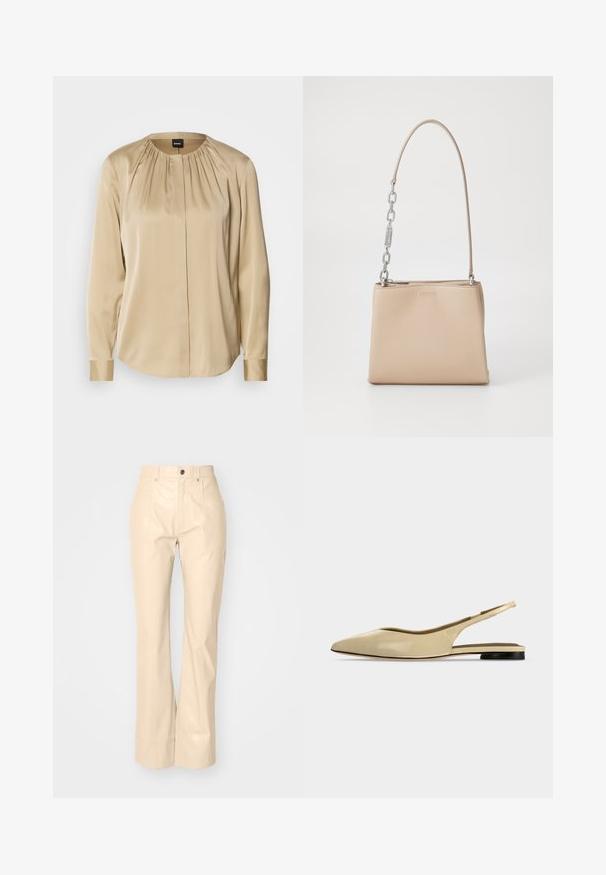 Langsleeve shirt in beige satijn, met een ronde halslijn, plooien aan de voorkant en knoopmanchetten. Glad textuur met een relaxte pasvorm.; Beige faux leren flarebroeken met een soepele textuur, voorzien van voorzakken, een knoopsluiting en een subtiele glansafwerking.; Beige platte slingback schoen met puntige neus, lage zwarte hak en een glad leren afwerking, zijaanzicht op een effen achtergrond.; Beige leren handtas met een gladde textuur, voorzien van een zilveren kettingaccent op het handvat en een ritssluiting. "HUGO" is op de voorkant hotstempeld.