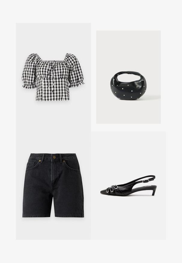 Blusa de gingham en blanco y negro con mangas abullonadas, escote cuadrado y detalle de lazo en la parte delantera. Tejido ligero con textura fruncida.; Pantalones cortos de denim negros con botón y cremallera delanteros, presillas para cinturón y dos bolsillos delanteros.; Zapato slingback de cuero negro con punta puntiaguda, tres hebillas plateadas en la parte delantera y tacón bajo tipo «kitten» sobre fondo blanco.; Bolso de mano de cuero negro con forma redondeada, decorado con detalles de tachuelas plateadas y un asa corta. Textura lisa y cierre con cremallera.