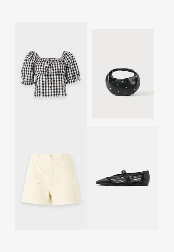 Blouse à carreaux noir et blanc avec des manches bouffantes, décolleté carré, et un détail à nouer à l'avant. Tissu léger avec texture froncée.; Shorts en denim jaunes avec une taille haute et une coupe décontractée, ornés de petits clous en argent éparpillés sur le devant pour un effet de détail.; Chaussure plate noire avec un bout pointu, panneaux latéraux en maille et une sangle avec une boucle décorative. Fini lisse sur les sections du bout et du talon.; Sac à main en cuir noir de forme arrondie, décoré de clous argentés et équipé d'une poignée courte. Texture lisse et fermeture éclair.