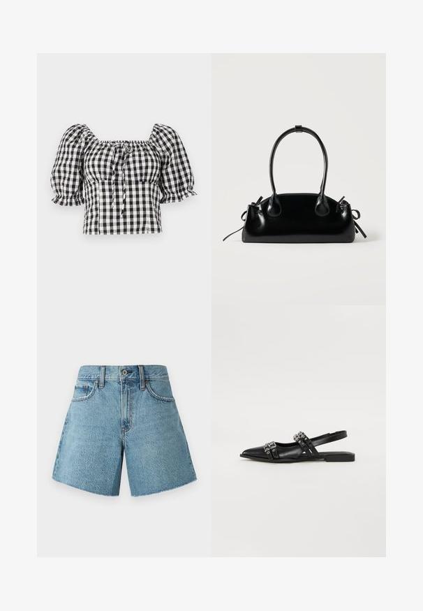 Blusa de gingham en blanco y negro con mangas abullonadas, escote cuadrado y detalle de lazo en la parte delantera. Tejido ligero con textura fruncida.; Shorts de mezclilla en azul claro, con una cintura alta, cinco bolsillos y un dobladillo sin acabar. Fabricados en un tejido de algodón texturizado con un diseño clásico.; Even&Odd by Zalando Bailarinas con tira trasera - black; Pequeño bolso negro brillante con dos asas largas y detalles de cordón lateral sobre un fondo claro liso.