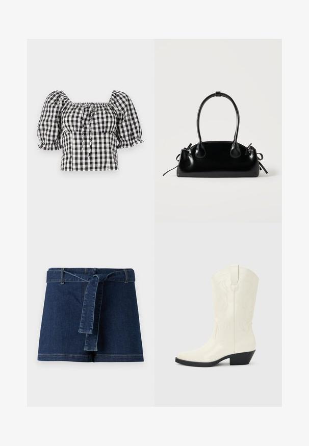 Blouse à carreaux noir et blanc avec des manches bouffantes, décolleté carré, et un détail à nouer à l'avant. Tissu léger avec texture froncée.; Shorts en denim bleu foncé, dotés d'une large ceinture et d'une ceinture en tissu. Texture lisse avec des détails de surpiqûres visibles sur l' ourlet.; Botte blanche de style western mi-mollet avec bout pointu, talon empilé noir, coutures décoratives et languette de tirage sur la tige.; Petit sac à main noir brillant avec deux longues anses et des détails à cordon sur les côtés sur un fond clair uni.