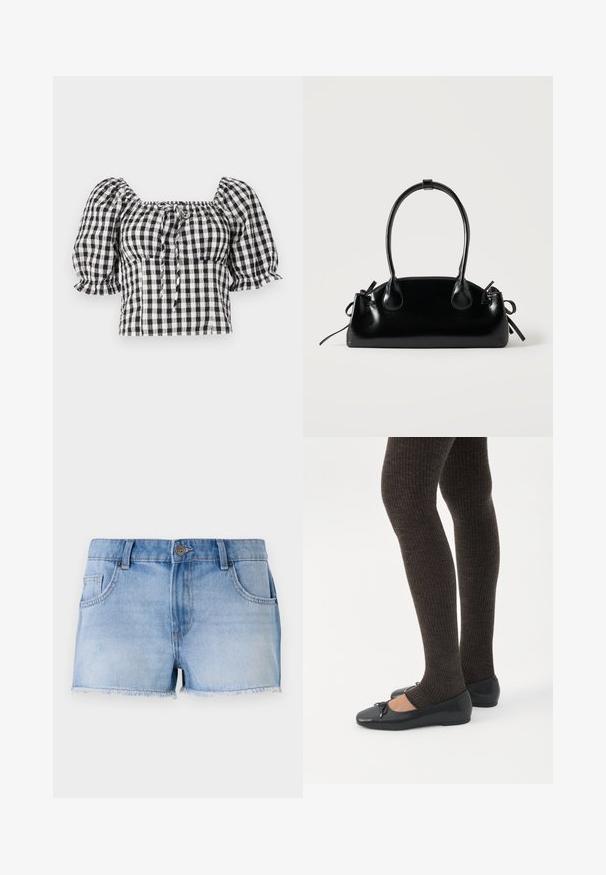 Blusa de gingham en blanco y negro con mangas abullonadas, escote cuadrado y detalle de lazo en la parte delantera. Tejido ligero con textura fruncida.; Shorts de mezclilla de color azul claro con dobladillo deshilachado, cinco bolsillos y cierre botón en la parte delantera. Presentan un lavado desvanecido y corte recto.; Piernas con leggings oscuros acanalados combinados con bailarinas negras que presentan pequeños detalles de lazo sobre un fondo blanco.; Pequeño bolso negro brillante con dos asas largas y detalles de cordón lateral sobre un fondo claro liso.