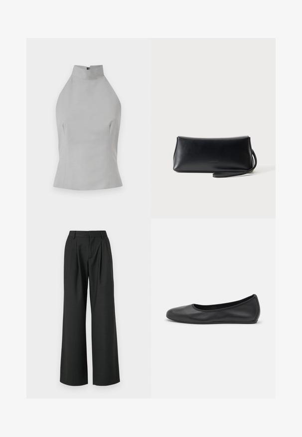 Grå halterneck top med høj halsudskæring, skræddersyet pasform, glat tekstur og sømdetaljer på siderne. Ingen synlige lukninger.; Won Hundred CAMILLE TROUSERS - Bukser - licorice; Sort læderballetsko med rund tå, glat tekstur, minimal syning og et fleksibelt såldesign.; Sort glat læder clutch taske med tyndt håndledsrem, rektangulær form og diskret præget logo centreret foran.