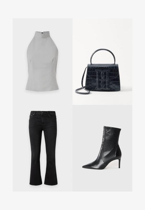 Grå halterneck top med høj halsudskæring, skræddersyet pasform, glat tekstur og sømdetaljer på siderne. Ingen synlige lukninger.; Sort flagrende jeans i denim stof, med et klassisk 5-lomme design, frontlukning med knap og let slid på lårene.; Sorte ankelstøvler lavet af glat læder, med spids tå, tætsiddende skaft og en slank høj hæl. Minimalistisk design uden synligt hardware.; Sort krokodillede læderhandbag med en struktureret design, top-håndtag, justerbar rem og et fremtrædende frontlogo.