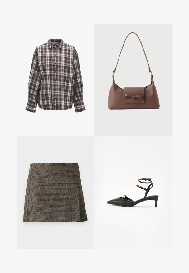 Brun og hvid ternet skjorte med krave, lange ærmer og knaplåsning foran. Har et tjekkermønster med varierende stripebredder og tekstur.; Brun og grå plaid mini nederdel med subtilt sidesnit, lige snit og tekstureret stof.; Sorte læderslingbacksandaler med spidse tæer, tynde ankelremme, guldfarvede hardwaredetaljer og en slank hæl. Glat tekstur og minimalistisk design.; Brun skuldertaske i læder med en frontlomme med klap, der har en sydd sløjfedetalje, og en justerbar rem.