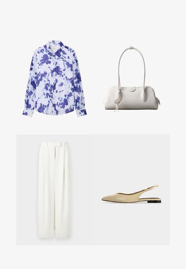 Chemise boutonnée à manches longues avec col pointu, présentant un motif floral abstrait bleu et blanc.; Pantalon blanc à jambes larges avec plis, passants pour ceinture et fermeture avant cachée, présenté sur un fond uni.; Chaussure plate beige à bout pointu avec bride arrière, petit talon noir et finition en cuir lisse, vue de côté sur un fond uni.; Sac à bandoulière blanc Calvin Klein avec longues poignées, forme rectangulaire, fermeture éclair et charm logo décoratif suspendu près de la poignée.