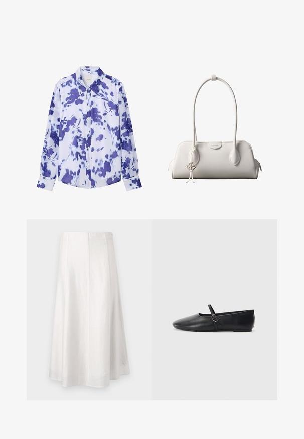 Chemise boutonnée à manches longues avec col pointu, présentant un motif floral abstrait bleu et blanc.; Jupe midi blanche trapèze avec une texture lisse et une couture verticale au centre, présentée sur un fond uni.; Ballerines noires en cuir avec un bout pointu, une semelle plate et une petite sangle avec un détail de boucle en argent.; Sac à bandoulière blanc Calvin Klein avec longues poignées, forme rectangulaire, fermeture éclair et charm logo décoratif suspendu près de la poignée.