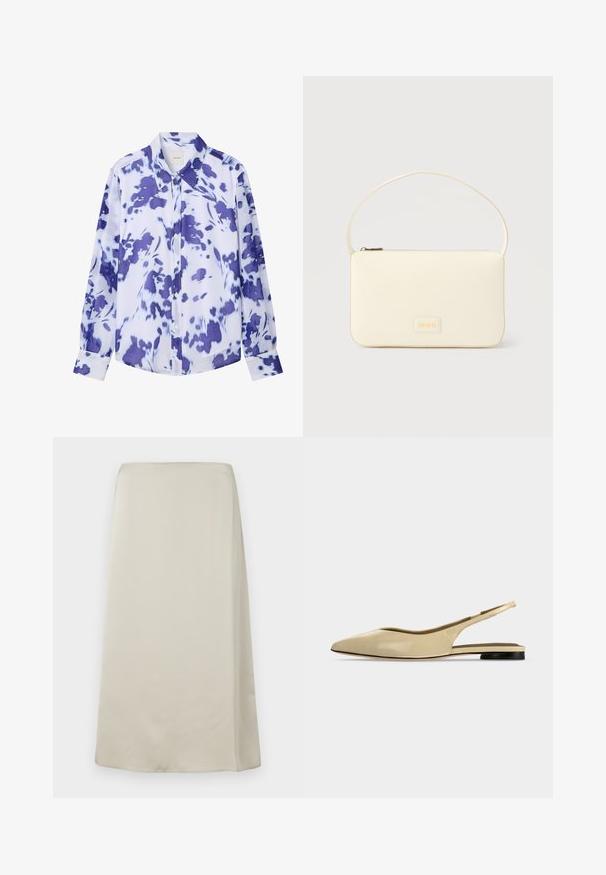 Chemise boutonnée à manches longues avec col pointu, présentant un motif floral abstrait bleu et blanc.; Une jupe taille haute, longueur genou, de couleur beige neutre, fabriquée dans un tissu lisse et doux, avec un design minimaliste sans ornements visibles.; Chaussure plate beige à bout pointu avec bride arrière, petit talon noir et finition en cuir lisse, vue de côté sur un fond uni.; Sac à main rectangulaire de couleur crème avec une seule sangle et une fermeture éclair sur le dessus, comportant une petite plaque de logo embossé à l'avant.