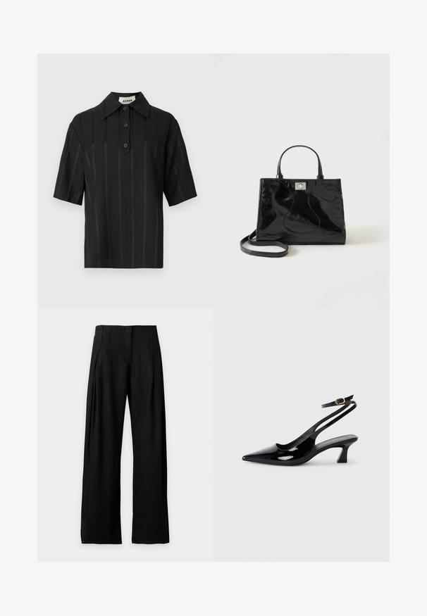 Chemise noire à manches courtes en tissu lisse, présentant de fines rayures verticales, un col pointu et une patte de boutonnage à l'avant.; Pantalon noir taille haute à jambes larges avec poches latérales, fermeture éclair devant et finition en tissu lisse, présenté sur fond blanc.; Escarpins à brides arrière en cuir verni noir, à bout pointu, avec un petit talon carré et une sangle de cheville ajustable dotée d'une boucle dorée.; Sac à main en cuir verni noir avec poignées arrondies, bandoulière détachable et fermeture à boucle argentée sur fond blanc uni.